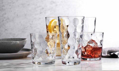 Home Essentials Drinking Glasses Set of 16, 8 Highball Glasses -17 oz., 8 Rocks Whiskey Glass Cups 13 oz., Inner Circular Lensed Glass Cups. - size: 16 Piece Set (8 x 17 oz Highball, 8 x 13 oz Rocks)