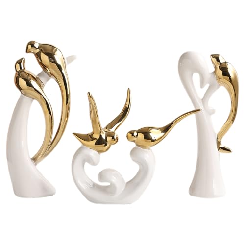 Ceramic Statues Set of 3, Birds and Base Sculpture Modern Home Decor | Aesthetic Abstract Decorative Statue for Living Room Bedroom Bookshelf Dining Centerpiece Office (White and Gold) - color: White and Gold