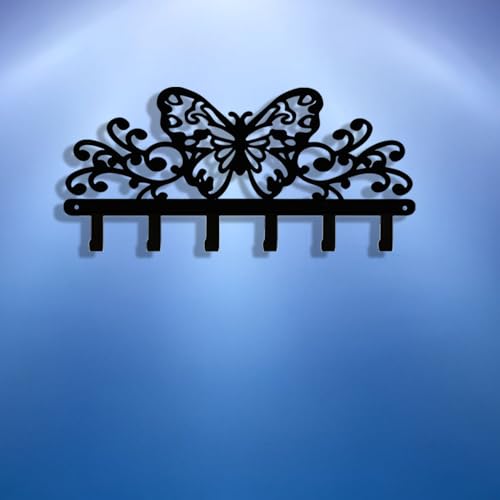 Butterfly 6‑Hook Black Metal Wall Rack, Entryway Organizer for Keys Coats Hats Towels Decor