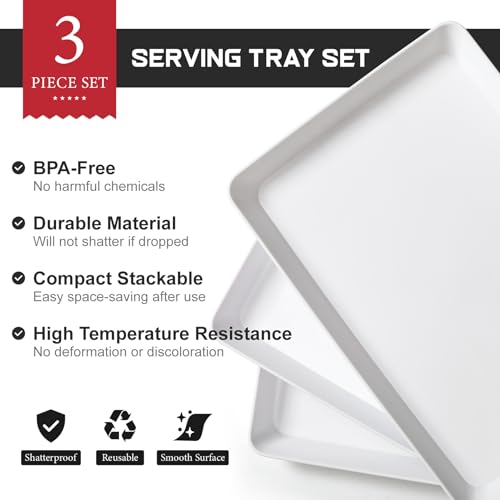 3 Pack, 16" x 11" Large White Serving Trays Set - Reusable Plastic Serving Platters for Cookie, Appetizer, Charcuterie, Snack, Dessert, Party Food Display - Stackable Kitchen CounterTop Tray, BPA Free - size: 3 Pack - 16" x 11"
