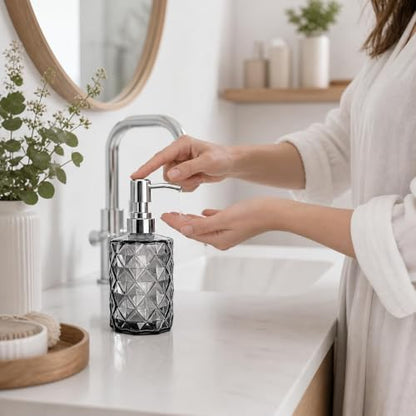 LGURT 12oz Black Glass Soap Dispenser, Stainless Steel Non-Drip Pump | Diamond-cut prism finish like crystal. Semi-transparent black glass. For kitchen, bathroom, powder room countertops. - color: Clear Black