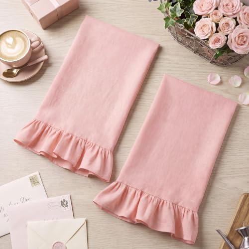 HunnmingRe Light Pink Kitchen Towels Set of 2, 100% Cotton Retro Ruffled Dish Towels 18"x28" Absorbent Tea Cloths for Farmhouse Charm, Drying Dishes, Entertaining Guests - color: Light Pink, style: Retro