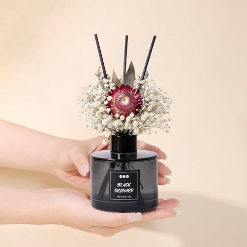 Reed Diffuser Set with Dried Flowers, 5.1 fl oz / 150ml, Black Orchard - Home Fragrance Diffuser with Sticks for Bathroom Shelf Decor, Bedroom, Office & Gift