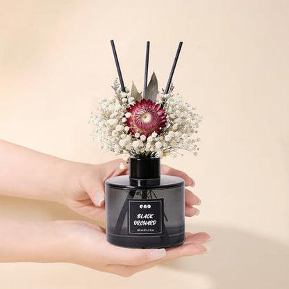 Reed Diffuser Set with Dried Flowers, 5.1 fl oz / 150ml, Black Orchard - Home Fragrance Diffuser with Sticks for Bathroom Shelf Decor, Bedroom, Office & Gift