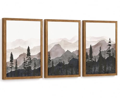 Framed Pine Forest Wall Art Set of 3, Misty Mountain Landscape, 12x16 Inch | Neutral nature canvas prints for modern rustic and cabin decor in living room bedroom office and entryway. - color: Black, White, Gray, Beige, Brown, size: 12x16 Inch