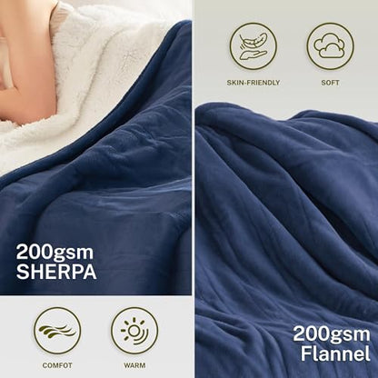 Heat Blanket 50”x60” Throw,Soft Flannel & Sherpa Reversible Electric Blanket with 10 Heat Settings,12 Timer Setting and 3 Hours Auto-Shut Off,ETL Certified Machine Washable,Dark Blue - color: Dark Blue, size: 50*60in