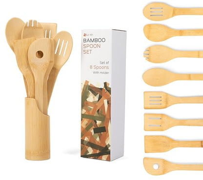 Bamboo Spoons for Cooking - Set of 8 Spoons with Holder - Wooden Cooking Spoons - Non-toxic & Organic Bamboo Cooking Utensils with Spoon Set & Spatula - Premium Kitchen Utensils - color: With Holder