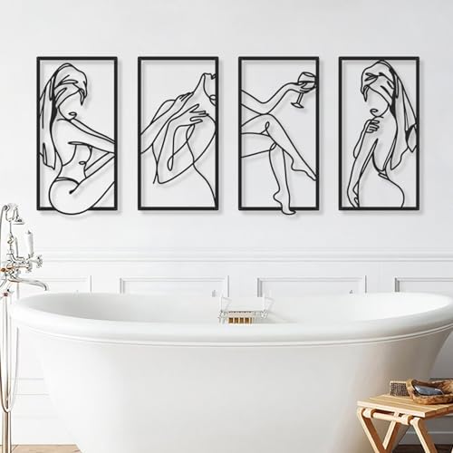 Bakovity Black Metal Bathroom Wall Art, Minimalist Woman Line Wall Decor, Metal Wall Decor for Bathroom Bedroom Living Room (4 Pcs,17 x 9 in) - color: Balck Elegant