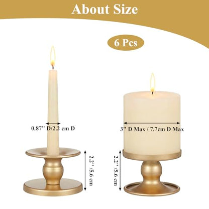 Gold Candle Holders Set of 6, Reversible Pillar Candle Holder and Taper Candles Stand, Metal Table Centerpiece for Wedding Dining Room Holiday Decor