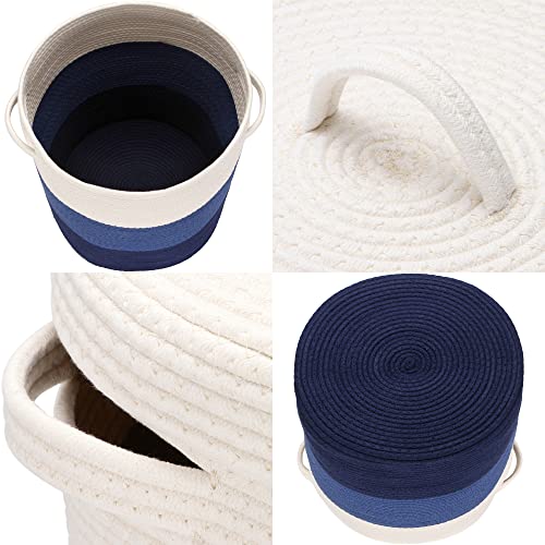 Sea Team Large Woven Cotton Rope Laundry Basket with Lid, 20 x 16 in | Collapsible Knitted Hamper with Handles, Lidded Closet Shelf Organizers for Clothing, Blankets, Toys, Bedding, Navy - color: White & Navy Blue