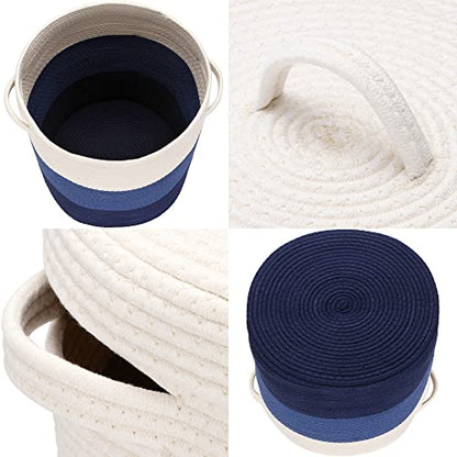 Sea Team Large Woven Cotton Rope Laundry Basket with Lid, 20 x 16 in | Collapsible Knitted Hamper with Handles, Lidded Closet Shelf Organizers for Clothing, Blankets, Toys, Bedding, Navy - color: White & Navy Blue