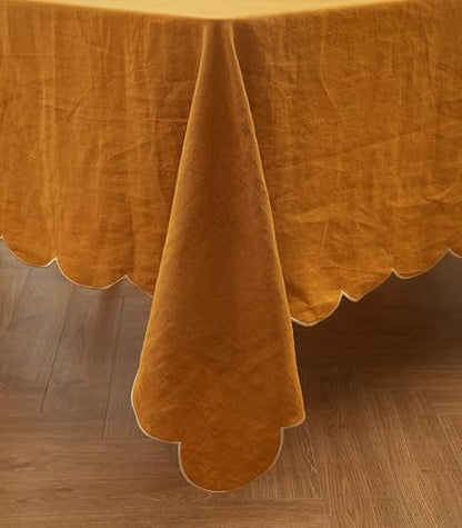 100% French Flax Linen Scalloped Embroidery Rectangle Tablecloths 104Lx60W Inch for Dinners, Parties, Spring, Machine Washable, 8-10 Sets, 60''x104'', Rust(Edges-Gold) - color: Rust(edges-gold), size: 104" x 60" (Rectangular)
