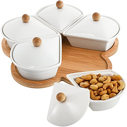 Ceramic Divided Serving Dishes with Lids and Bamboo Platter, 5 Removable Dipping Bowls Relish Tray Nuts Dishes for Appetizer, Chips, Fruits, Candy, Condiment