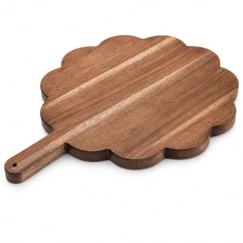 Scalloped Acacia Wood Boards with Handle, Acacia Wood Scalloped Cutting Board, Wooden Cutting Board, Round Decorative CuttingBoards for Cheese Meat Fruit Bread Baking(15.2 x 11.2 x 0.6 inch)