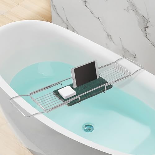 Stainless Steel Bathtub Tray, 44.09 lbs Capacity Bath Caddy, Modern Green Marble Bathtub Tray, Expandable Tool for Bathroom, Kitchen & Hotel, Adjustable 26.77-35.5in(Silver+Green)
