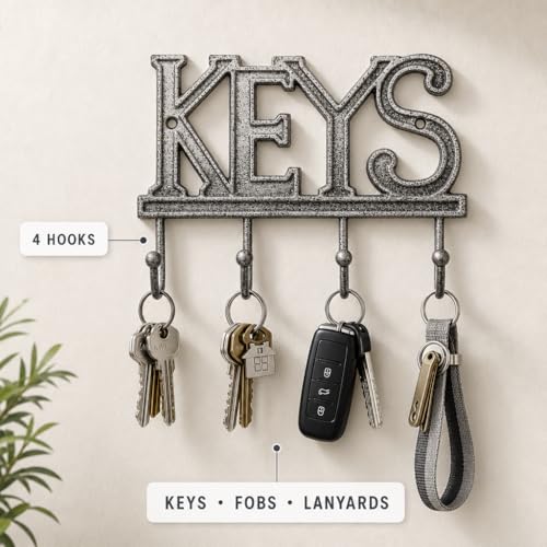 Comfify Gray Cast Iron Key Holder for Wall – Keys Sign with 4 Hooks | Neutral gray versatile finish; mounting hardware included; entryway, hallway or door; 6"H x 8"L; holds 8 keychains - color: Gray