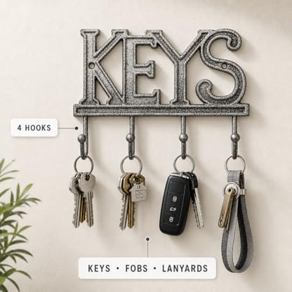 Comfify Gray Cast Iron Key Holder for Wall – Keys Sign with 4 Hooks | Neutral gray versatile finish; mounting hardware included; entryway, hallway or door; 6"H x 8"L; holds 8 keychains - color: Gray