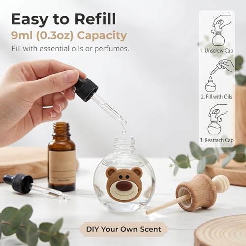 2 Pack Bear Refillable Car Vent Clip Diffuser Empty Glass Bottle | Wood lid aroma bottle with dropper, holds essential oils for car wardrobe home bathroom use - size: Bear-A1 - 2PCS