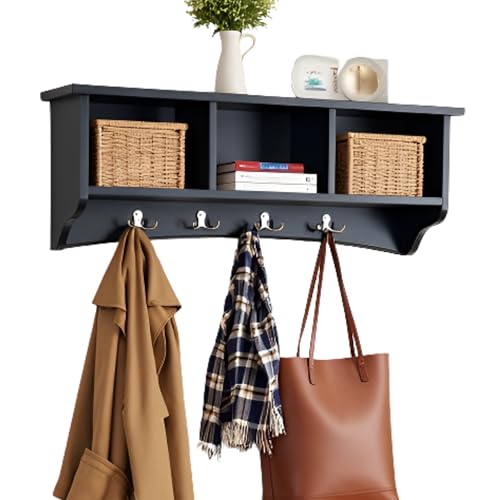 Shaker Cottage Wall-Mounted Coat Rack with 3 Storage Cubbies and 4 Coat Hooks – 36" W x 9" D x 14" H Space-Saving Entryway Organizer or Mudroom Wall Shelf by Alaterre Furniture (Charcoal Gray) - color: Charcoal Gray