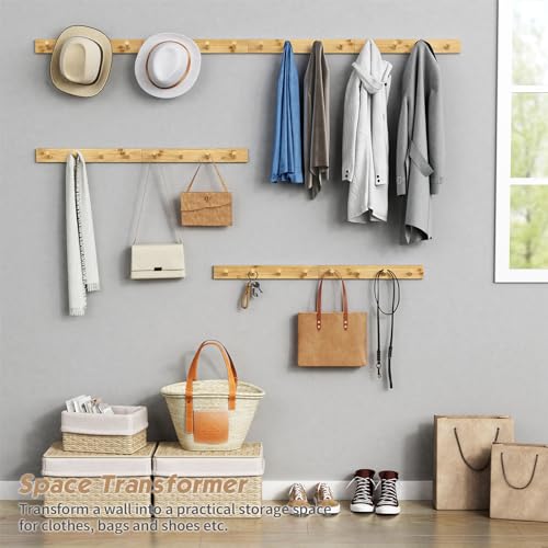 Forbena Natural Wood Coat Rack Wall Mount Set of 4, Wooden Wall Hooks for Bathroom Towels, Vertical Coat Hanger for Kids Room, Boys Girls Bedroom, Office, Entryway Keys Hats and Shoes -16 Hooks - color: Bamboo Wood