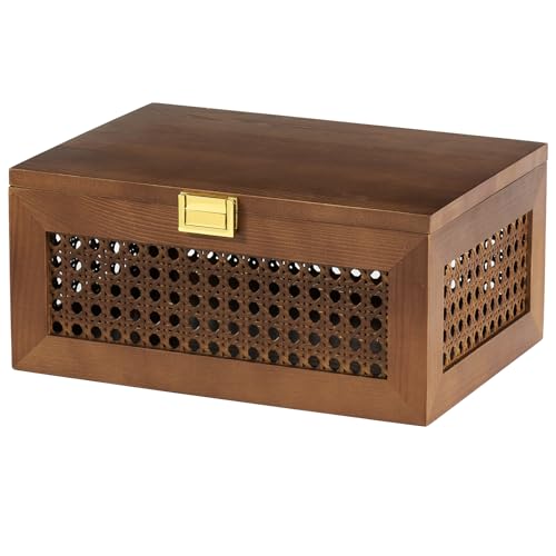Decorative Rattan Storage Boxes Baskets with Lid Wooden Frame | Solid Wood Woven Wicker Bins, Jewelry Keepsake Container, Natural Boho Decor, Desk Shelf Closet Organizer, Walnut, Large - color: Walnut, size: Set of 1 (Large)