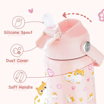 Kerilyn 12oz Kids Water Bottle, Stainless Steel Insulated Water Bottle For Kids, Toddler Cup With Straws Leak-proof, Kids Water Bottles For School Boys Girls, BPA Free, Kitty - color: Kitty