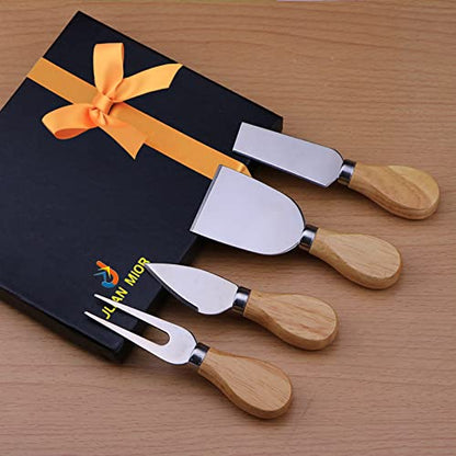 Exquisite 4-Piece Cheese Knives Set, Complete Stainless Steel Cheese Knife Collection (Gift-Ready) - style: Oak Wood