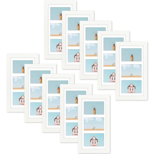 Golden State Art Collage Frame 7x14 Matted 3 4x6 Photos Wood White 10 Pack | Clear Real Glass and White Mat, Horizontal & Vertical Display Multi Pictures For Gallery Wall, Home Decor & Holiday Gift - color: White With White Mat, size: 10 Pack