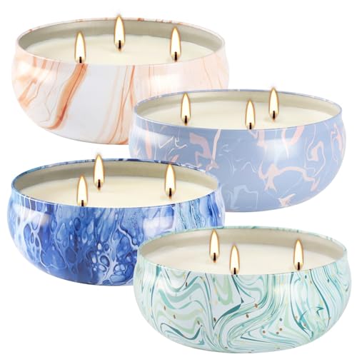 Set of 4 Triple Wick Marble-Style Citronella Scented Candles Natural Soy Wax Summer Outdoor Candles for Outside Indoor Patio Home Garden Yard Balcony Camping Porch BBQ. - color: Style2-Four colors