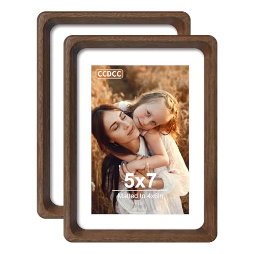 5x7 Picture Frame Set of 2, Natural Walnut Wood Solid Wood 5 by 7 Photo Frames with 4x6 Mat with Real Glass for Wall and Tabletop Display - color: Natural Walnut, size: 5x7-2Pack