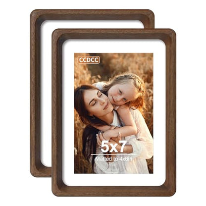 5x7 Picture Frame Set of 2, Natural Walnut Wood Solid Wood 5 by 7 Photo Frames with 4x6 Mat with Real Glass for Wall and Tabletop Display - color: Natural Walnut, size: 5x7-2Pack
