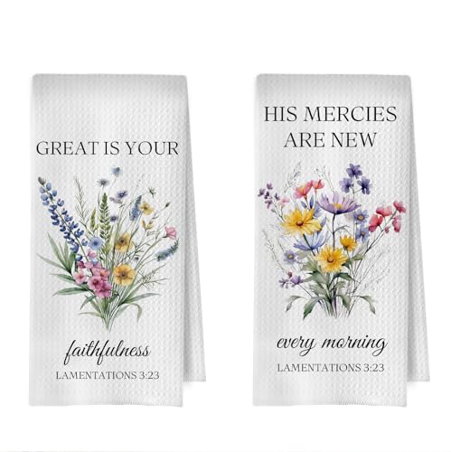 Floral Christian Kitchen Towels - Christian Religious Gifts Decorative Waffle Dish Towels, Lamentations 3:23 Hand Towel, Bible Verse Flower Tea Towel, 16x24 Inch Set of 2 - color: Christian -03