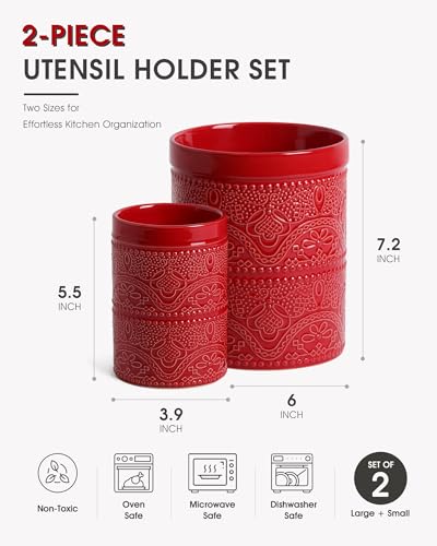 Kitchen Utensil Holder, 7.2+5.5" Super Large Utensil Crock Heavy and Stable Lace Emboss Ceramic Utensil Holder for Kitchen Counter (2Pcs Christmas Red) - color: 2Pcs Christmas Red