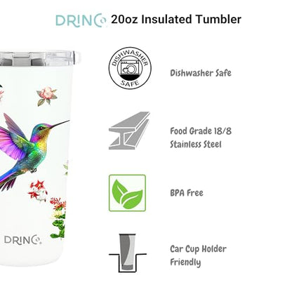 Drinco - 20 oz Stainless Steel Tumbler | Double Walled Vacuum Insulated Mug With Lid, 2 Straws, For Hot & Cold Drinks (20oz Hummingbird) - color: 20oz Hummingbird