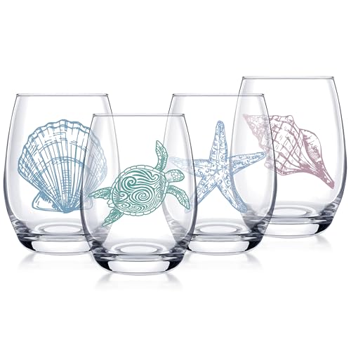 4 PCS Ocean Stemless Wine Glasses-17 Oz Coastal Glassware Gifts for Beach Lovers-Sea Turtle,Seashell,Starfish,Conch Wine Cups Set for Women Men,Dishwasher Safe,Birthday,Fathers Day,Easter
