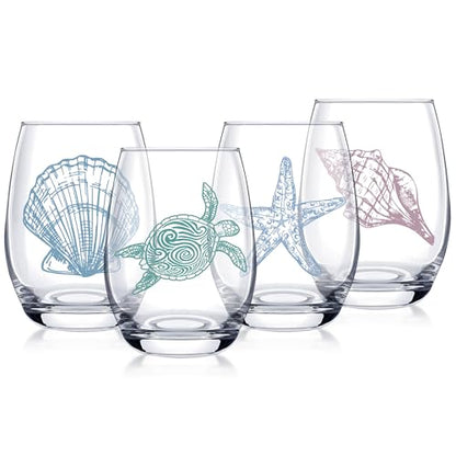 4 PCS Ocean Stemless Wine Glasses-17 Oz Coastal Glassware Gifts for Beach Lovers-Sea Turtle,Seashell,Starfish,Conch Wine Cups Set for Women Men,Dishwasher Safe,Birthday,Fathers Day,Easter