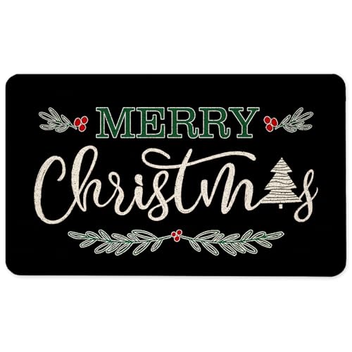 Black Merry Christmas Door Mat, Christmas Tree Holly Berry Doormat for Front Door Indoor Outdoor Entrance Porch, Holiday Xmas Welcome Mat Outside, Winter Bath Mats, 17x30 Inches - color: Black Merry Christmas