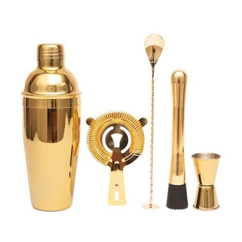 Cocktail Shaker Set Bartender Kit,5 Piece Bar Set Stainless Steel Bar Tools Set for Professional Bartender and Home (Gold, 5-Piece) - color: Gold
