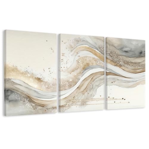 AVECCO Triptych Abstract Gold Grey Wave Wrapped Wall Art Canvas 16x24 Inch | Gallery Wrapped Canvas, UV Fade-resistant Ink, Modern Minimalist, Ready to Hang, Living Room Office Decor, Housewarming Gift - color: Golden, size: 24"L x 16"W