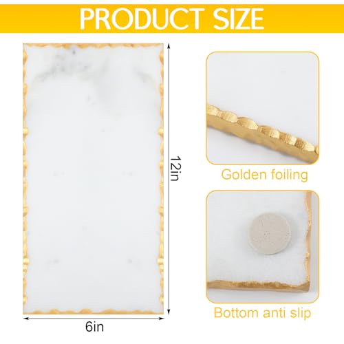 12" X 6" Marble Tray with Golden Foiling Natural Marble Board White Slab Candle Plate Tray for Kitchen Counter Cheese Charcuterie Wedding Gift House Warming Gift