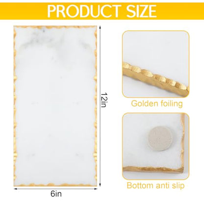 12" X 6" Marble Tray with Golden Foiling Natural Marble Board White Slab Candle Plate Tray for Kitchen Counter Cheese Charcuterie Wedding Gift House Warming Gift