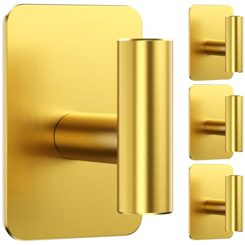 Heavy Duty Adhesive Hooks - 26lb Max, Sticky Wall Hooks Waterproof Stainless Steel for Hanging Towel, Coat, Robe, Towel Hooks Stick on Bathroom, Kitchen, Shower, Door (Gold, 4 Pack) - color: Gold-Cylinder4