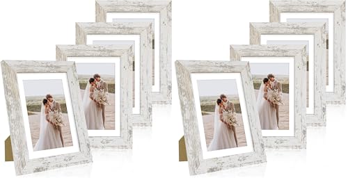 Hongkee 5x7 Picture Frame Set of 4, Made of Real Glass and Distressed White Wooden Frame, 5 by 7 Photo for Wall or Tabletop - Display Picture 4x6 with Mat or 5x7 Without Mat (Pack of 2) - color: Distressed White, size: 5x7 in (Pack of 2)