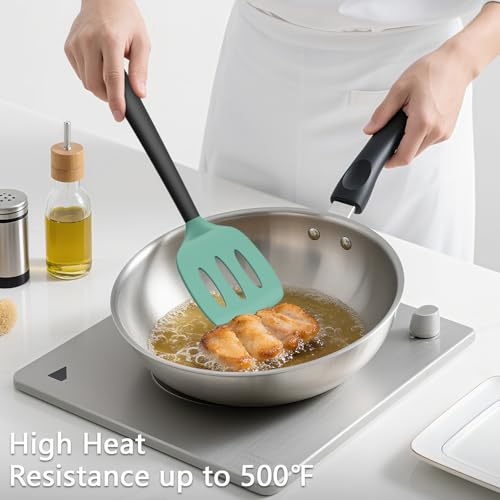 Coukre 3 Pack Silicone Spatula Set, Heat Resistant to 500°F, BPA-Free | Fish Spatula, Solid & Slotted Turners, Dishwasher Safe, Spatula Set for Eggs, Pancakes, Fish & Burgers, AquaGreenBlack - color: AquaGreenBlack