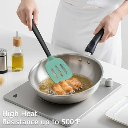 Coukre 3 Pack Silicone Spatula Set, Heat Resistant to 500°F, BPA-Free | Fish Spatula, Solid & Slotted Turners, Dishwasher Safe, Spatula Set for Eggs, Pancakes, Fish & Burgers, AquaGreenBlack - color: AquaGreenBlack