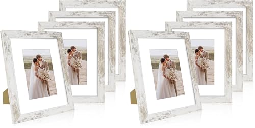 Hongkee 8x10 Picture Frame Set of 4, Made of Real Glass and Distressed White Wooden Frame, 8 by 10 Photo for Wall or Tabletop - Display Picture 5x7 with Mat or 8x10 Without Mat (Pack of 2) - color: Distressed White, size: 8x10 in (Pack of 2)