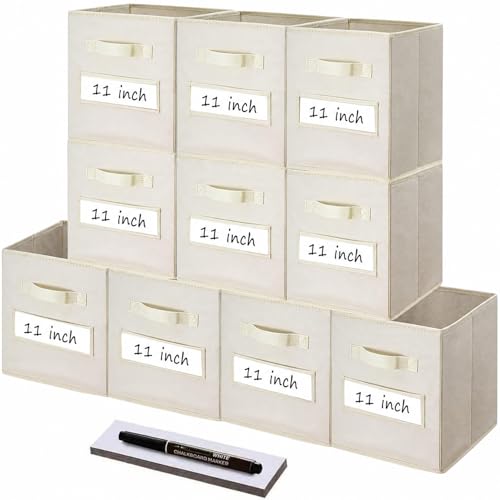 Storage Bins,11" Cube Storage Bin with Labels,10pcs,Beige | Fabric Storage Cubes for Shelves,11 Inch storage cube bins with 10 Labels Window Cards & a Pen. - color: Beige, size: 11"