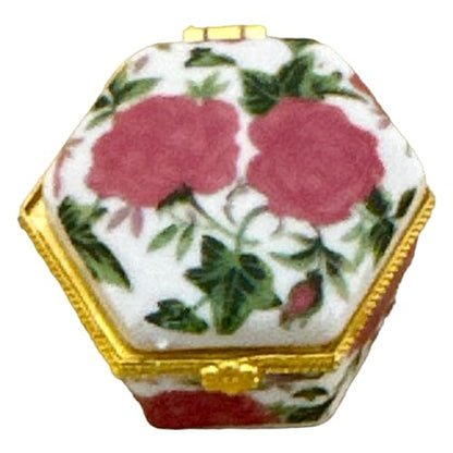 Tiny Hexagon Porcelain Trinket Box | Pink Tea Roses | French Style Gift Box with Velvet Bag - style: Pink Tea Roses Hexagon