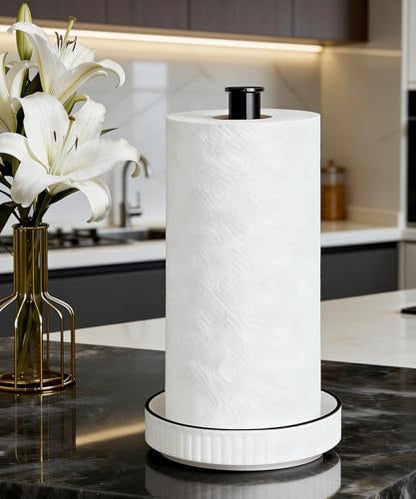 Paper Towel Holder, Ceramic Heavy Plate Base Wobble-Free, Roll Stand-Wh-bk | Effortless Cleaning and Easy to Assemble, Super Large for Triple Rolls, High End Looking as a Good Gift for Kitchen Island - color: Farmhouse White