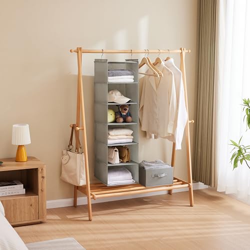 MAX Houser 6 Tier Shelf Hanging Closet Organizer, Closet Hanging Shelf with 2 Sturdy Hooks for Storage,2 Pack, Foldable (Light Grey) | Dorm Room Essentials with 2 sturdy hooks, foldable lightweight fabric closet storage, space-saving design for Bedroom -